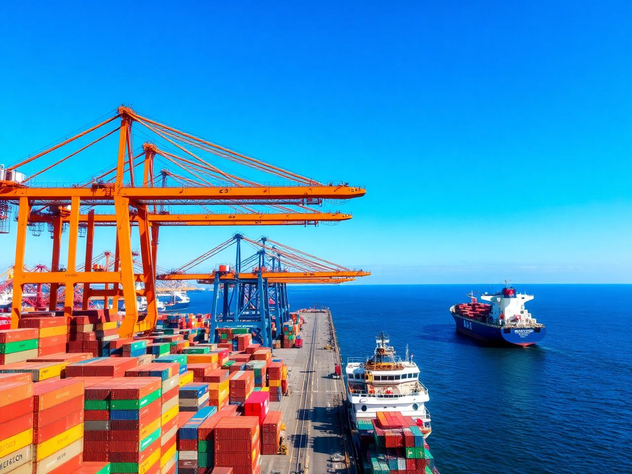 Container port with cranes and cargo ship under blue sky