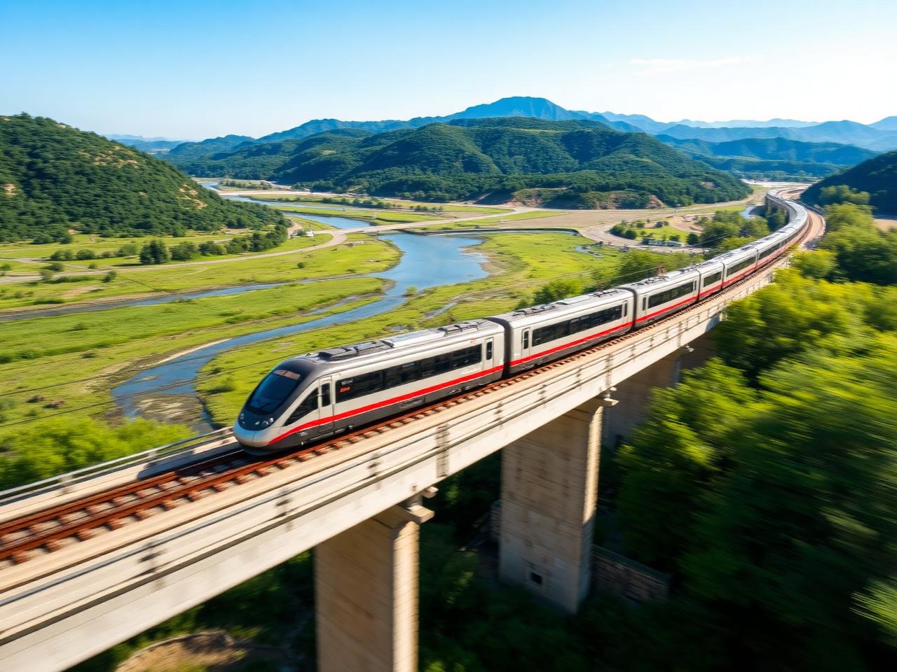 High-speed electric train crossing a viaduct in a green valley