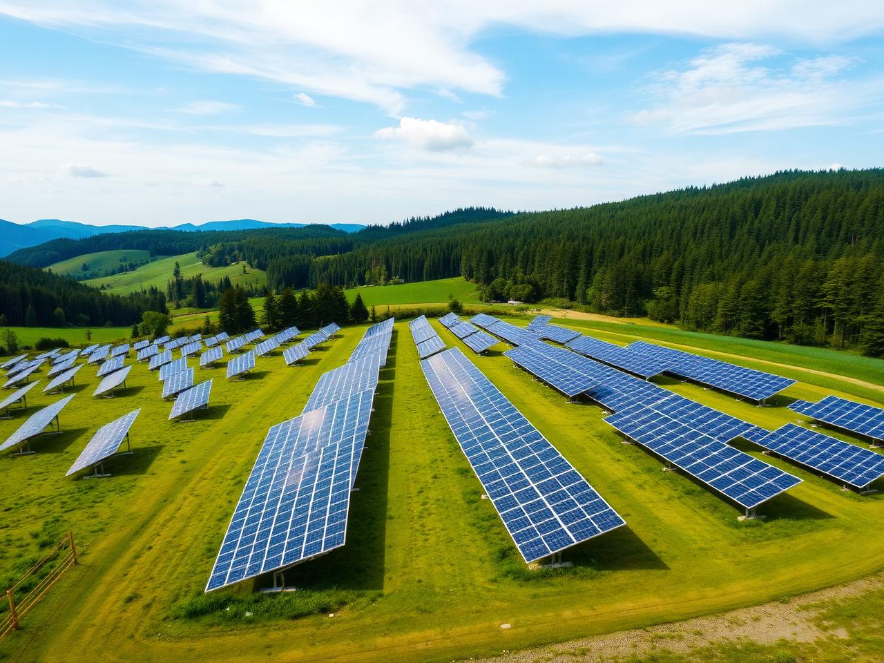 Solar panel farm in green countryside under blue sky