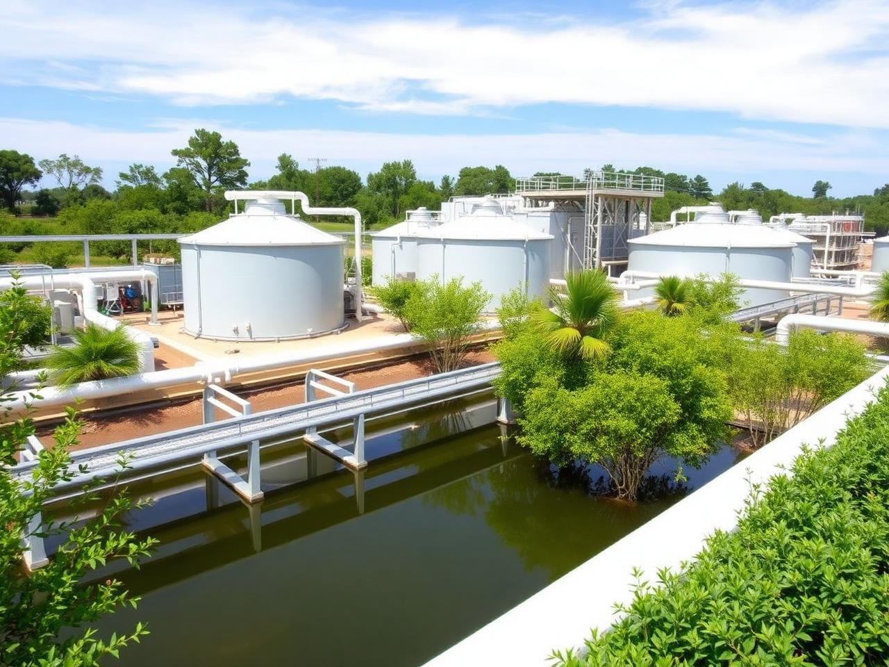 Modern water treatment facility surrounded by greenery