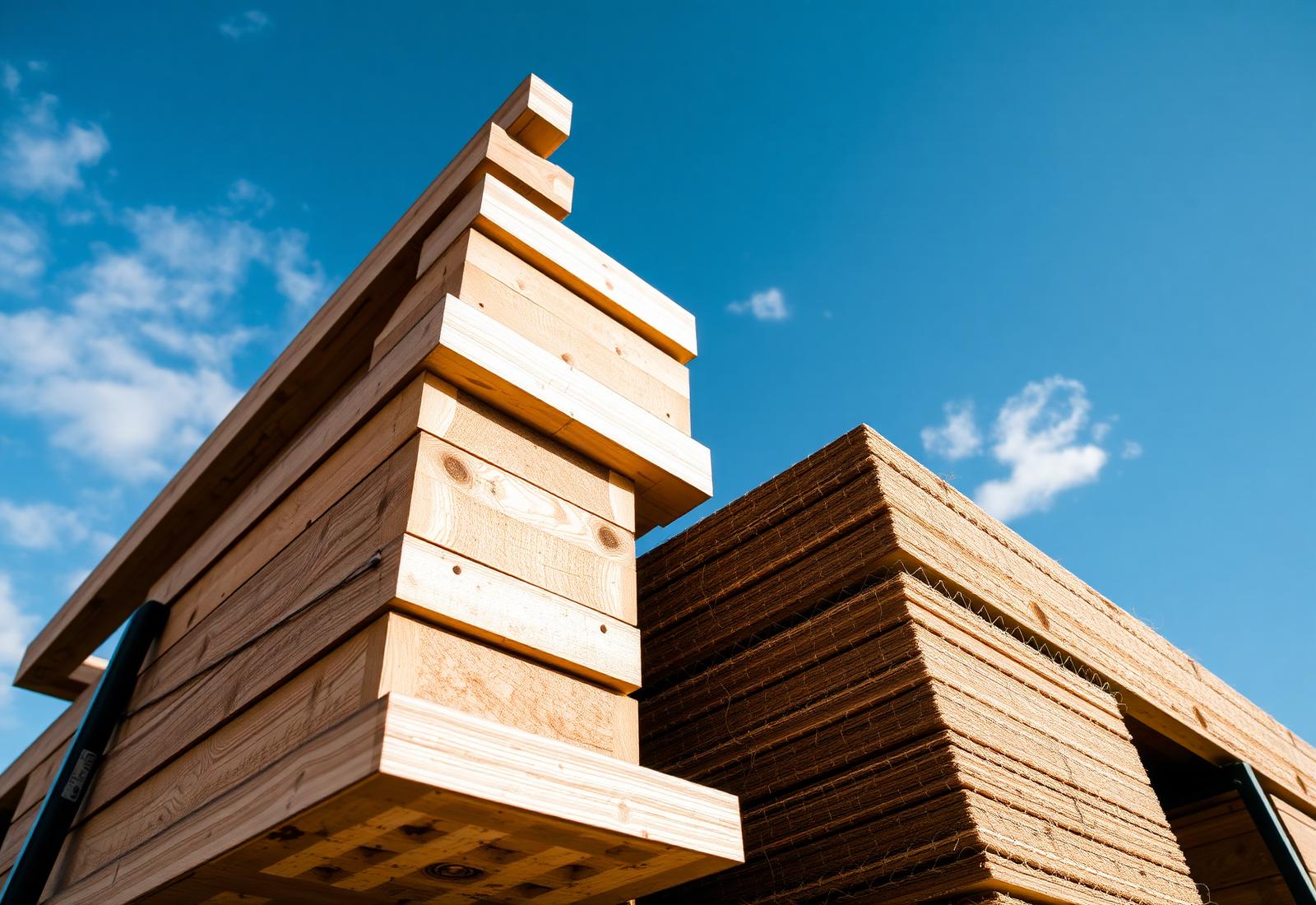 Sustainable timber and recycled construction materials under blue sky