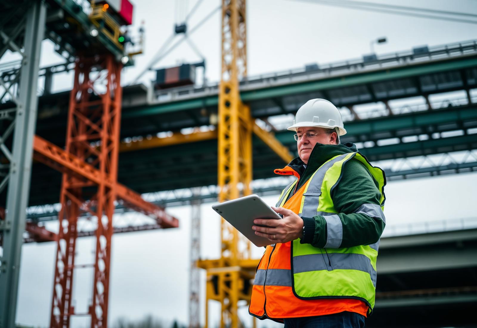 Engineer reviewing plans at an infrastructure construction site