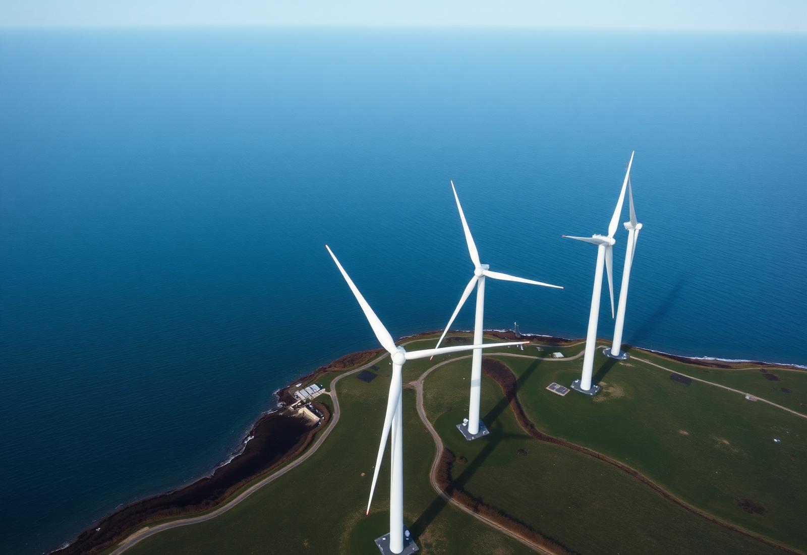 Coastal wind turbines on green pasture