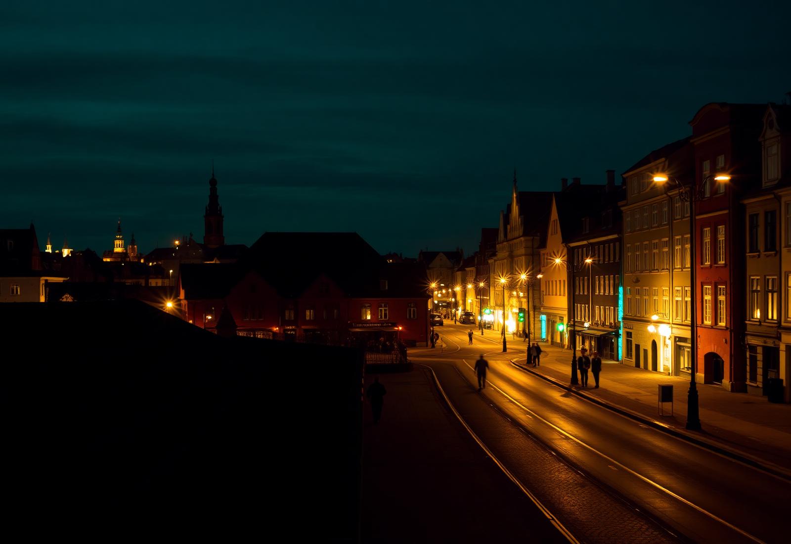 Tallinn skyline at night with smart streetlights